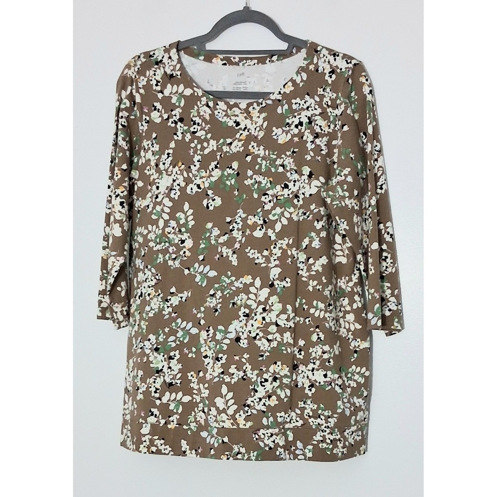 J Jill Tunic Women's Size Large Brown Floral Luxe Supima Crew‎ Neck 3/4 Sleeves